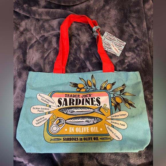 Trader Joe's Reusable Canvas Sardines Print Grocery Shopping Eco Bag